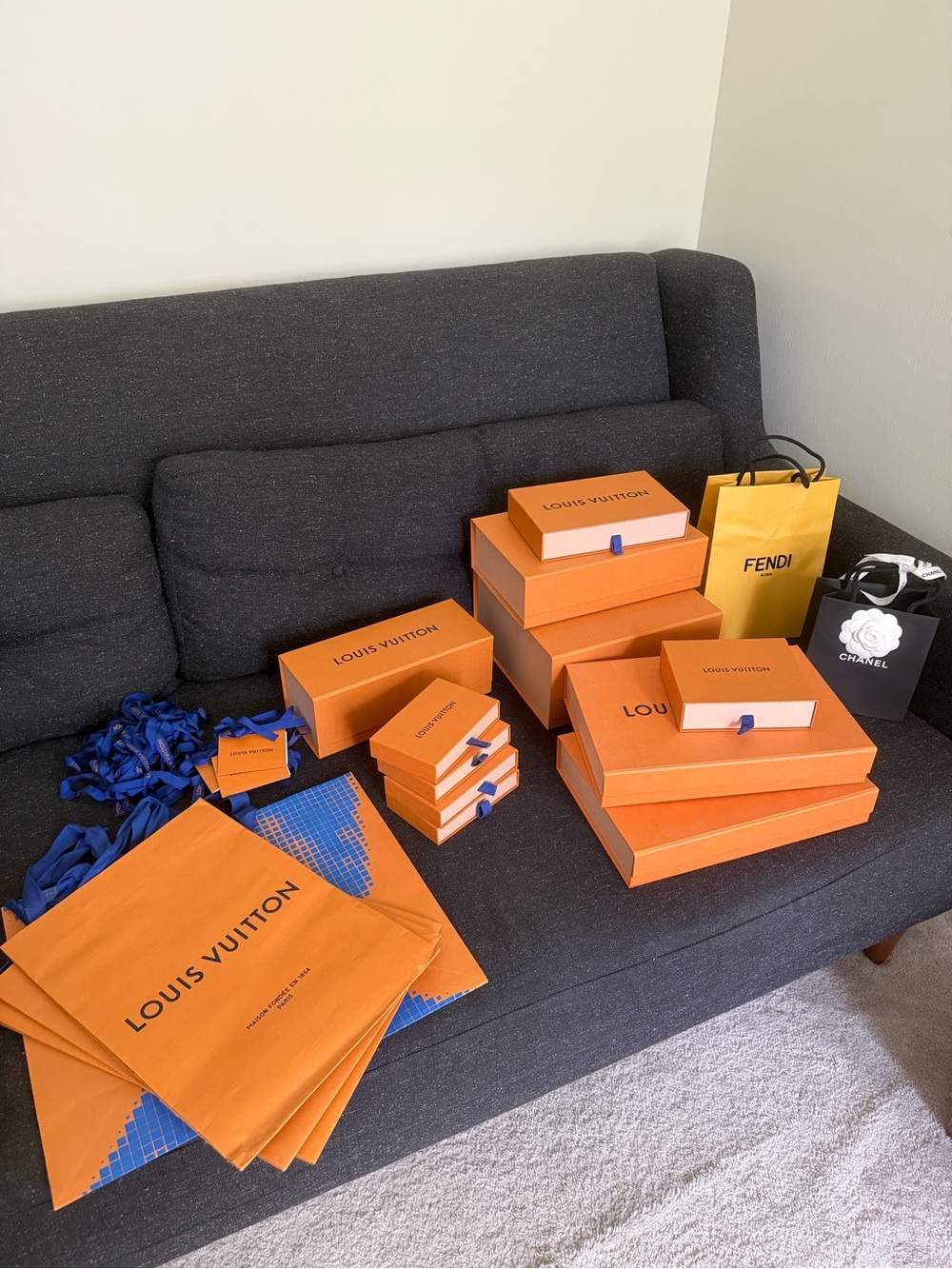 Louis Vuitton Orange Gift Boxes with Blue Ribbon Accents